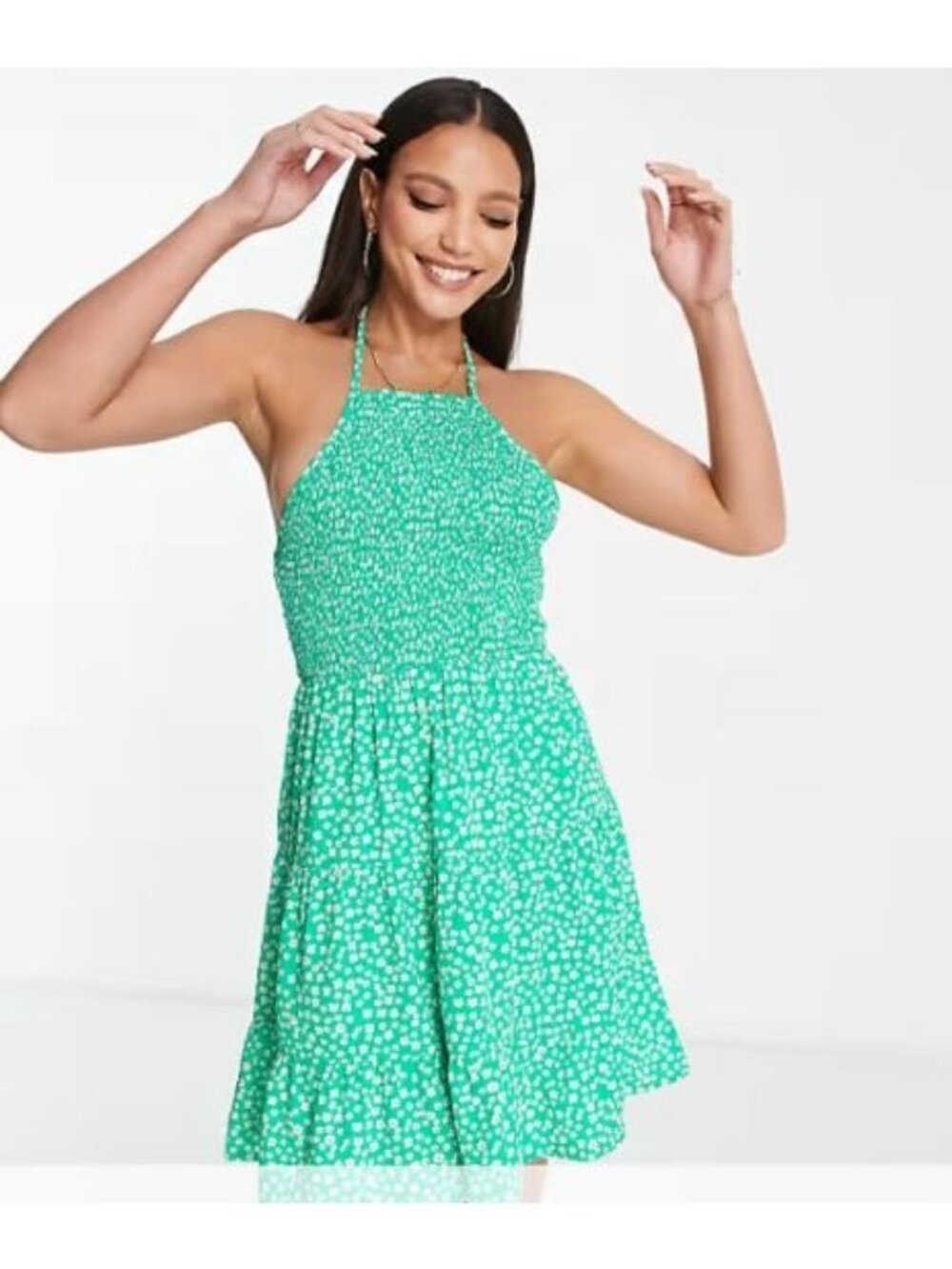 American Eagle Tiered Dress Size XLGreen Floral Print Halter Neck Smoked Bodice
